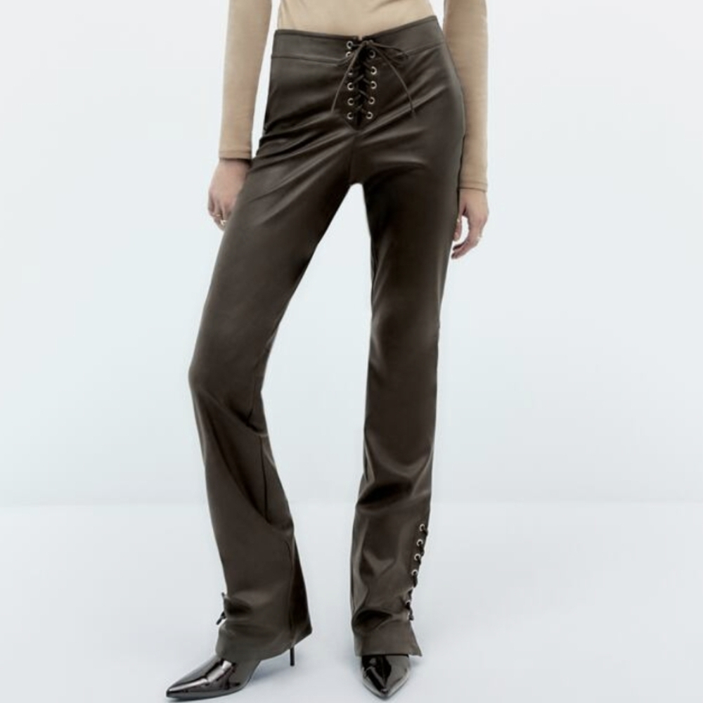 Zara FAUX LEATHER TROUSERS WITH lace up tie front Large